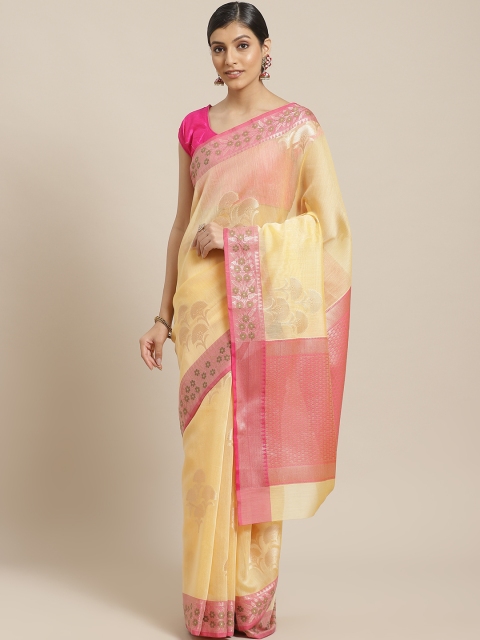 

BANARASI SILK WORKS Yellow & Pink Woven Design Banarasi Saree