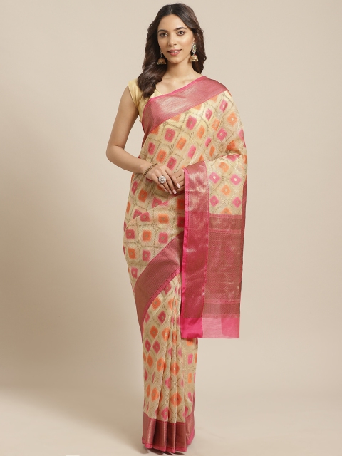 

BANARASI SILK WORKS Beige & Orange Zari Kota Jacquard Woven Design Banarasi Saree