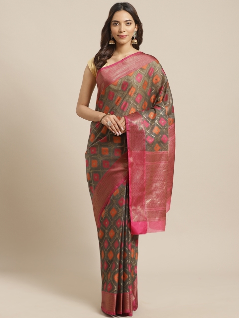 

BANARASI SILK WORKS Charcoal Grey & Pink Zari Kota Jacquard Woven Design Banarasi Saree