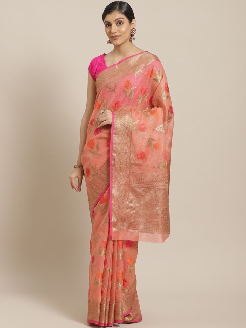 

BANARASI SILK WORKS Peach-Coloured & Golden Jacquard Motif Banarasi Saree