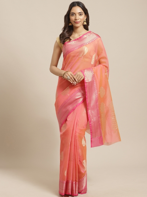 

BANARASI SILK WORKS Peach-Coloured & Golden Zari Woven Design Banarasi Saree
