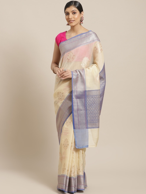 

BANARASI SILK WORKS Cream-Coloured & Golden Woven Design Kota Saree