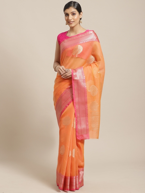 

BANARASI SILK WORKS Orange & Golden Woven Design Banarasi Saree