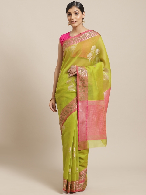 

BANARASI SILK WORKS Green & Golden Woven Design Banarasi Saree
