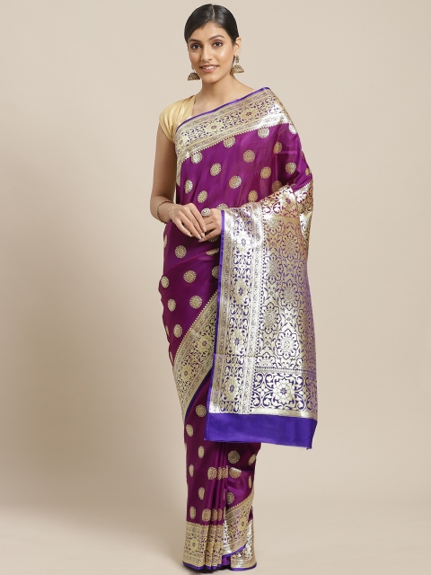 

BANARASI SILK WORKS Purple & Golden Satin Silk Ethnic Zari Brocade Banarasi Saree