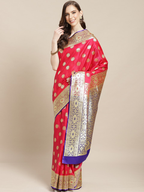 

BANARASI SILK WORKS Pink & Golden Pure Silk Zari Woven Design Banarasi Saree