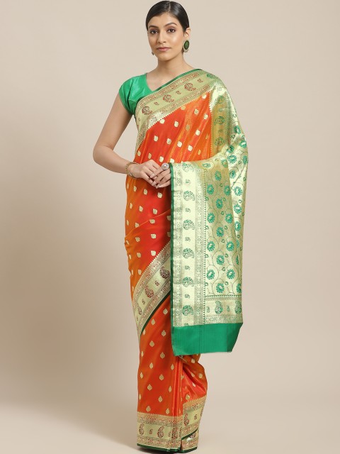 

BANARASI SILK WORKS Orange & Golden Silk Woven Design Banarasi Saree