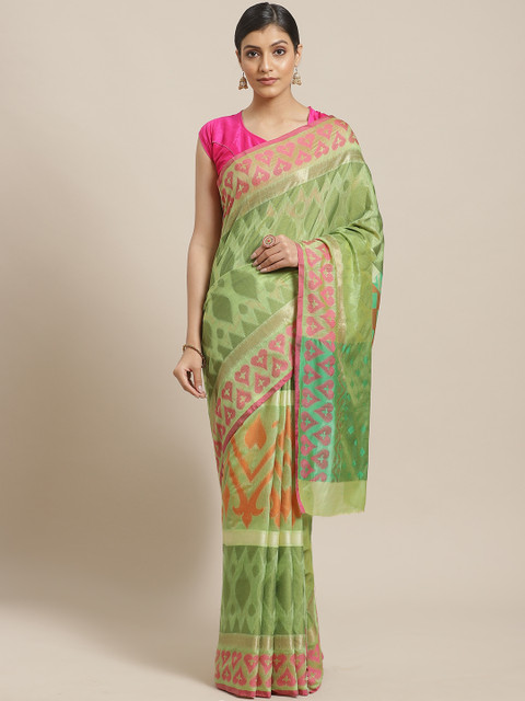 

BANARASI SILK WORKS Green & Pink Ikat Design Banarasi Saree