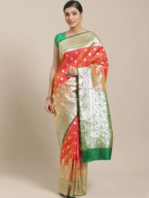 

BANARASI SILK WORKS Coral Orange & Golden Satin Silk Ethnic Zari Brocade Banarasi Saree