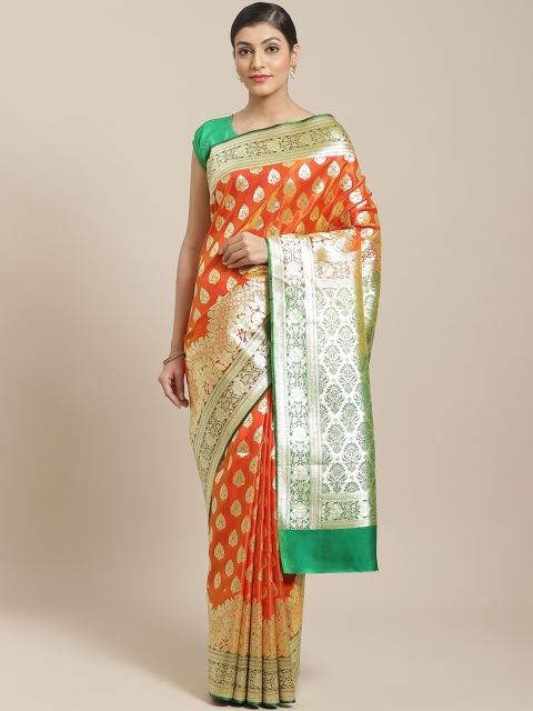 

BANARASI SILK WORKS Orange & Golden Satin Silk Ethnic Zari Brocade Banarasi Saree