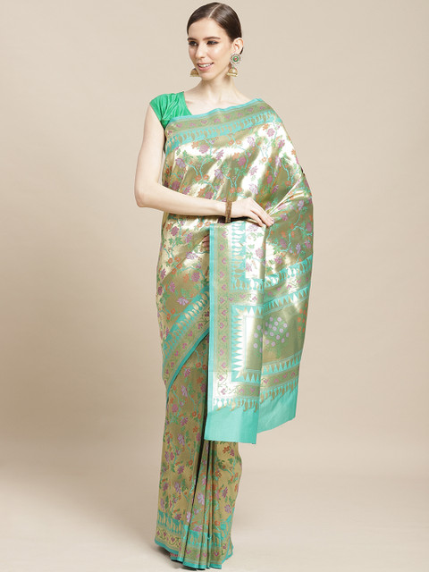 

BANARASI SILK WORKS Golden & Green Pure Silk Zari Floral Woven Design Banarasi Saree, Gold