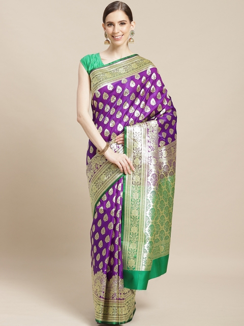 

BANARASI SILK WORKS Purple & Golden Pure Silk Zari Woven Design Banarasi Saree