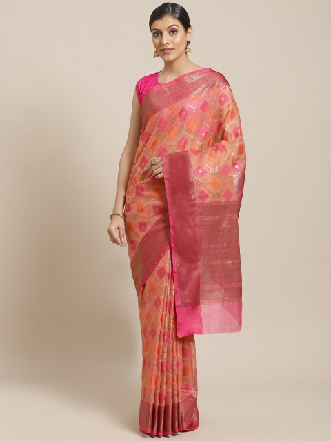

BANARASI SILK WORKS Peach-Coloured & Golden Woven Design Banarasi Saree