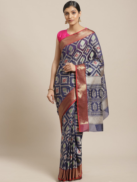 

BANARASI SILK WORKS Navy Blue & Golden Ethnic Zari Woven Design Banarasi Saree