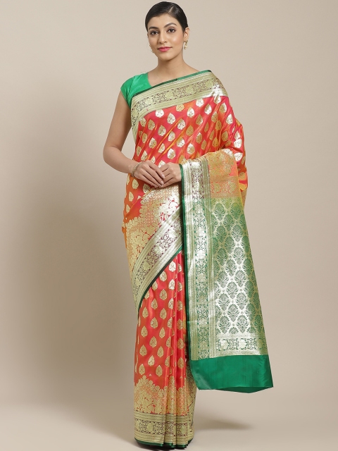 

BANARASI SILK WORKS Peach-Coloured & Golden Satin Silk Ethnic Zari Brocade Banarasi Saree