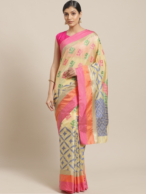 

BANARASI SILK WORKS Yellow & Blue Ikat Design Banarasi Saree