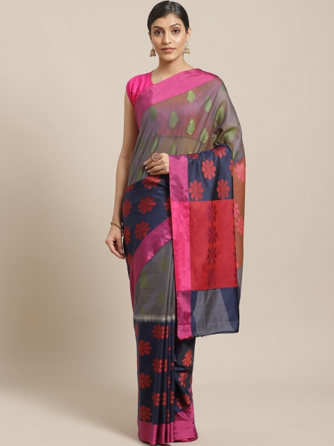 

BANARASI SILK WORKS Navy Blue & Golden Ikat Design Banarasi Saree