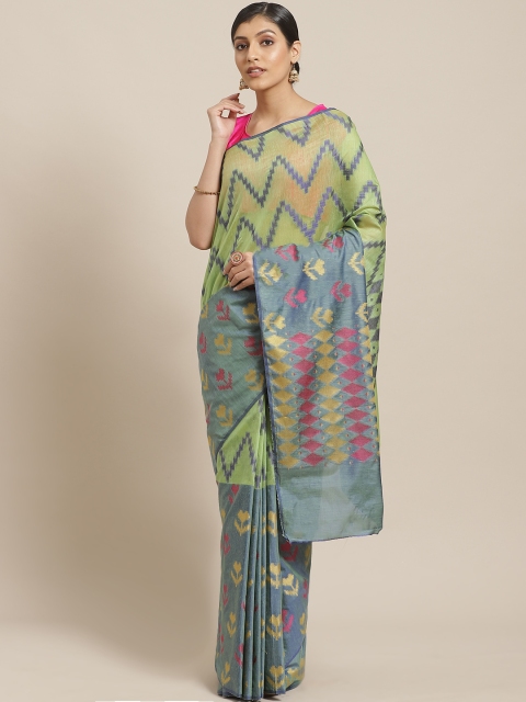 

BANARASI SILK WORKS Grey & Green Zari Ikat Woven Design Maheshwari Saree