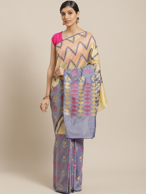 

BANARASI SILK WORKS Blue & Yellow Zari IKat Woven Design Maheshwari Saree