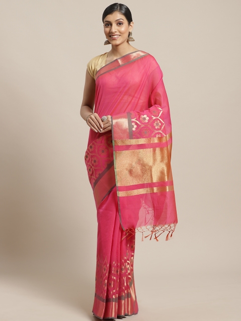 

BANARASI SILK WORKS Pink & Golden Ethnic Zari Woven Design Banarasi Saree