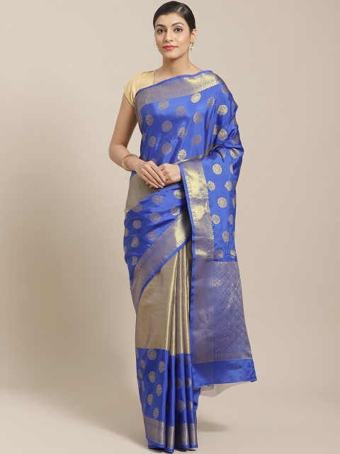 

BANARASI SILK WORKS Blue & Gold-Toned Pure Silk Woven Design Banarasi Saree