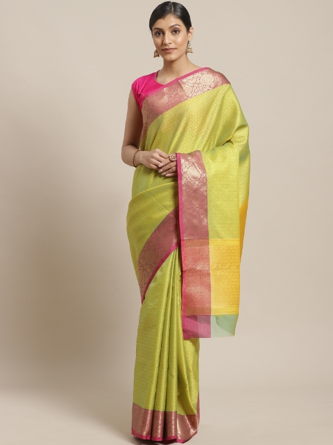 

BANARASI SILK WORKS Green & Golden Zari Resham Tanchoi Woven Design Banarasi Saree