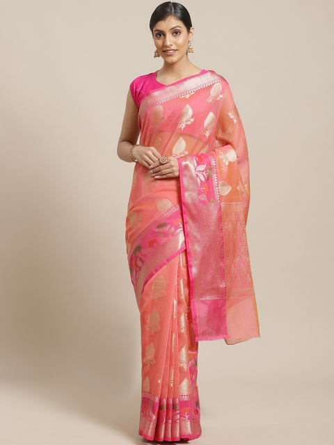 

BANARASI SILK WORKS Peach-Coloured & Golden Zari ethnic Motifs Woven Design Banarasi Saree
