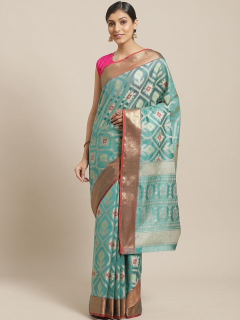 

BANARASI SILK WORKS Green & Golden Zari Ethnic Motifs Woven Design Banarasi Saree