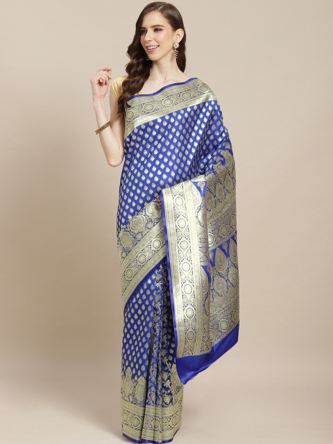 

BANARASI SILK WORKS Blue & Golden Pure Silk Zari Woven Design Banarasi Saree