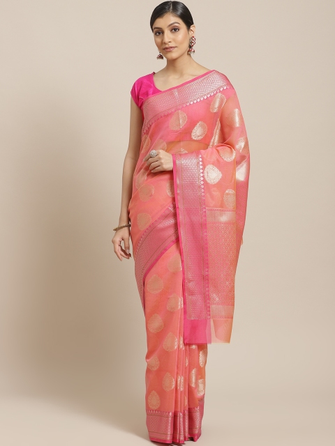 

BANARASI SILK WORKS Peach-Coloured & Golden Zari Ethnic Motifs Woven Design Banarasi Saree