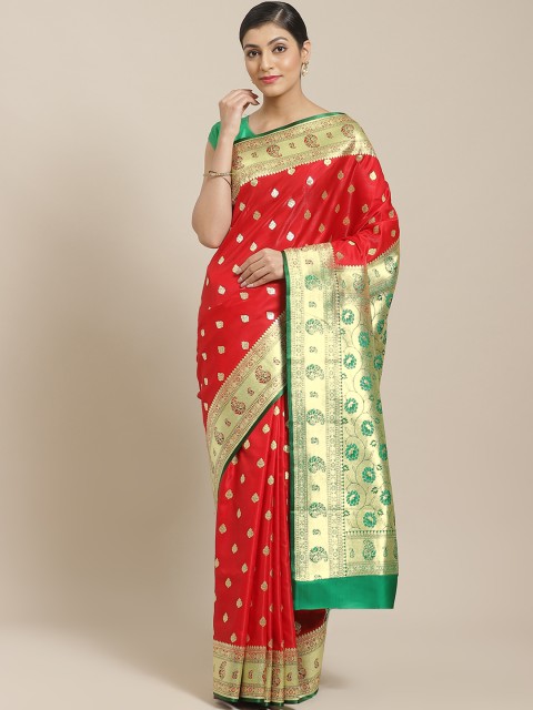 

BANARASI SILK WORKS Red & Golden Satin Silk Ethnic Zari Brocade Banarasi Saree