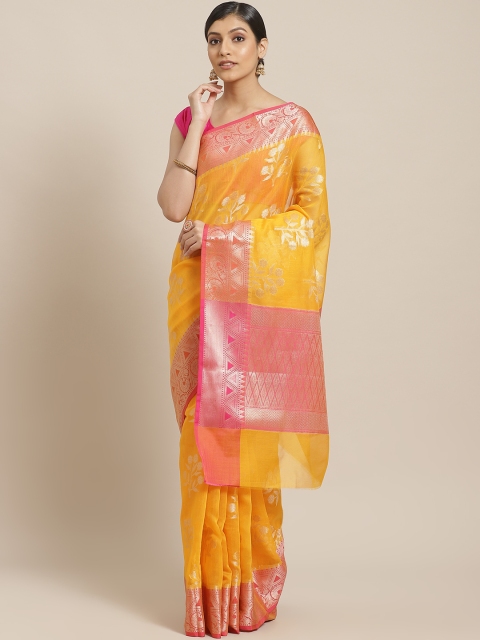 

BANARASI SILK WORKS Mustard Yellow & Golden Zari Ethnic Motifs Woven Design Banarasi Saree