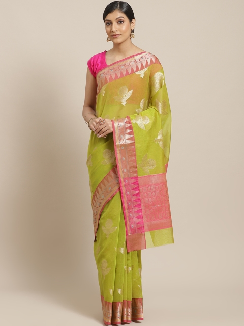 

BANARASI SILK WORKS Green & Golden Zari Ethnic Motifs Woven Design Banarasi Saree