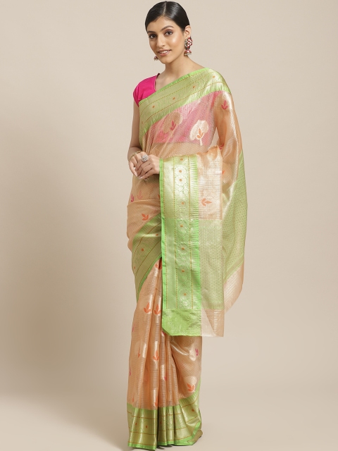 

BANARASI SILK WORKS Peach-Coloured & Golden Zari Ethnic Motifs Woven Design Kota Saree