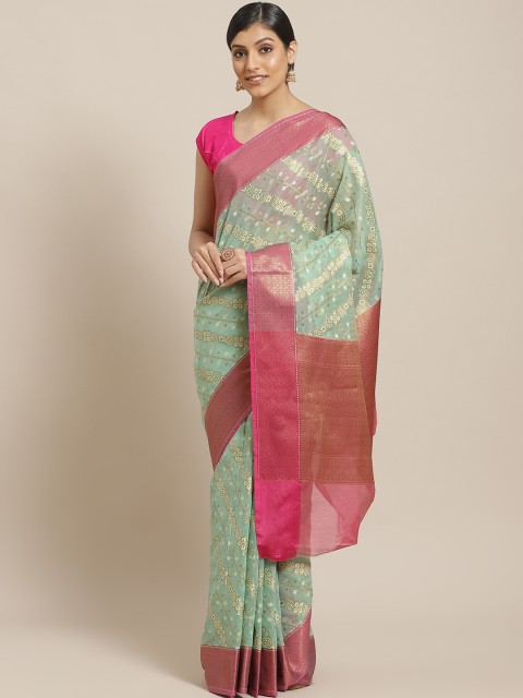 

BANARASI SILK WORKS Green & Golden Zari Woven Design Kota Weave Banarasi Saree