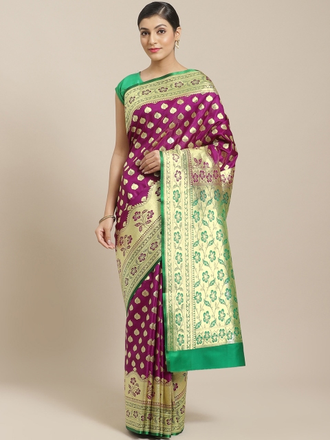 

BANARASI SILK WORKS Purple & Golden Satin Silk Ethnic Zari Brocade Banarasi Saree