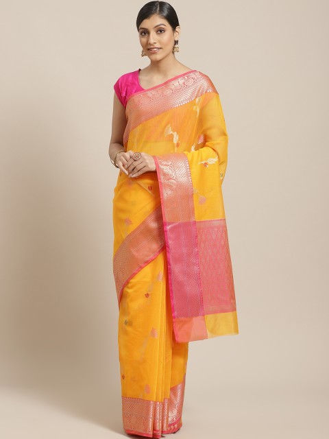 

BANARASI SILK WORKS Mustard Yellow & Pink Zari Ethnic Motifs Woven Design Banarasi Saree