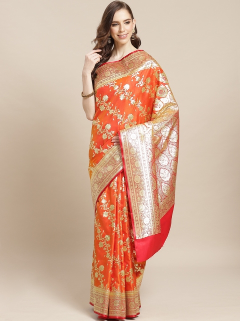 

BANARASI SILK WORKS Orange & Golden Pure Silk Zari Floral Woven Design Banarasi Saree