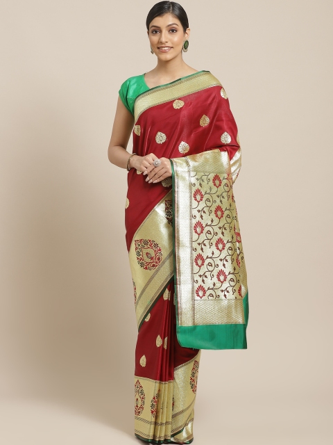 

BANARASI SILK WORKS Maroon & Golden Pure Silk Zari Ethnic Woven Design Banarasi Saree