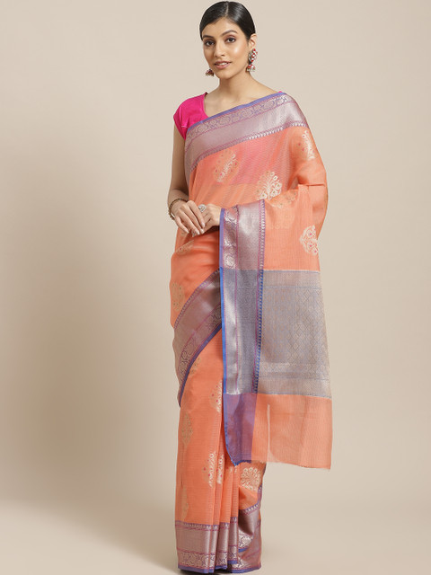 

BANARASI SILK WORKS Peach-Coloured & Golden Zari Woven Design Kota Weave Banarasi Saree