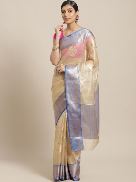 

BANARASI SILK WORKS Golden & Blue Woven Design Banarasi Saree, Gold