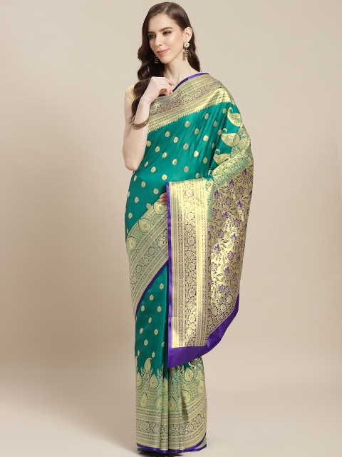 

BANARASI SILK WORKS Blue & Golden Pure Silk Zari Woven Design Banarasi Saree