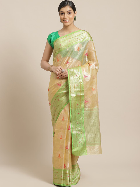 

BANARASI SILK WORKS Golden & Green Woven Design Banarasi Saree, Gold