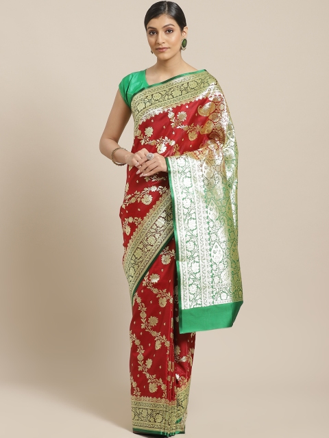 

BANARASI SILK WORKS Maroon & Green Silk Woven Design Banarasi Saree