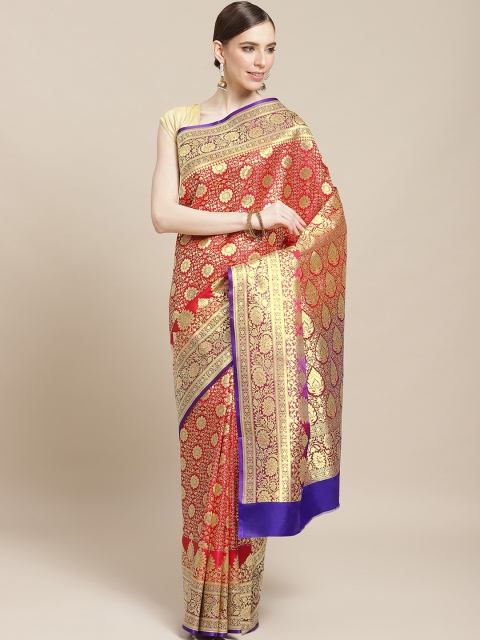 

BANARASI SILK WORKS Red & Golden Pure Silk Zari Woven Design Banarasi Saree