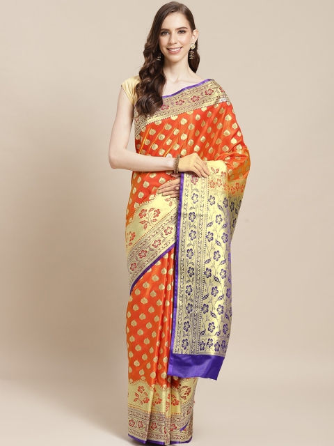 

BANARASI SILK WORKS Orange & Golden Pure Silk Woven Design Banarasi Saree