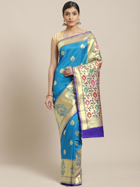 

BANARASI SILK WORKS Blue & Golden Satin Silk Ethnic Zari Brocade Banarasi Saree