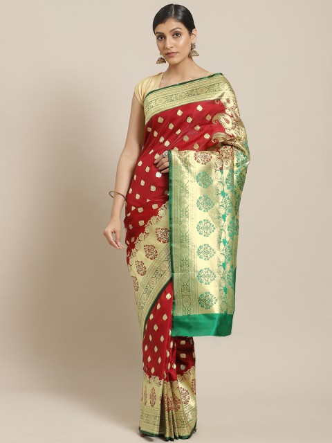 

BANARASI SILK WORKS Maroon & Golden Satin Silk Ethnic Zari Brocade Banarasi Saree
