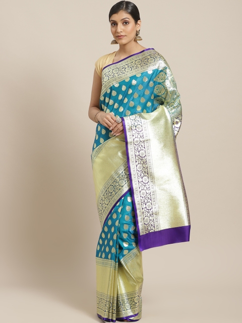 

BANARASI SILK WORKS Blue & Golden Silk Woven Design Banarasi Saree