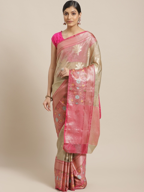 

BANARASI SILK WORKS Beige & Pink Woven Design Banarasi Saree